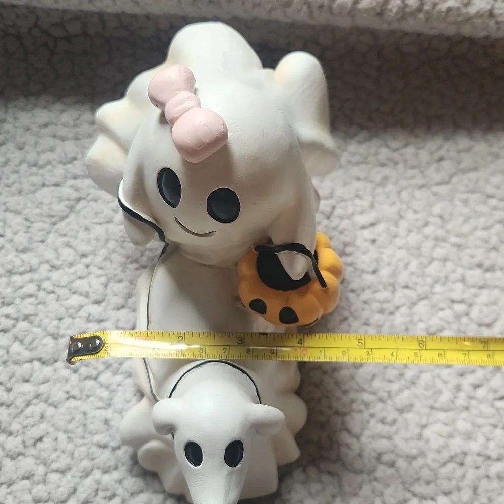 Halloween, Ghost With Pink Bow And Walking Ghost Dog W Pumpkin Figurine Pumpkin